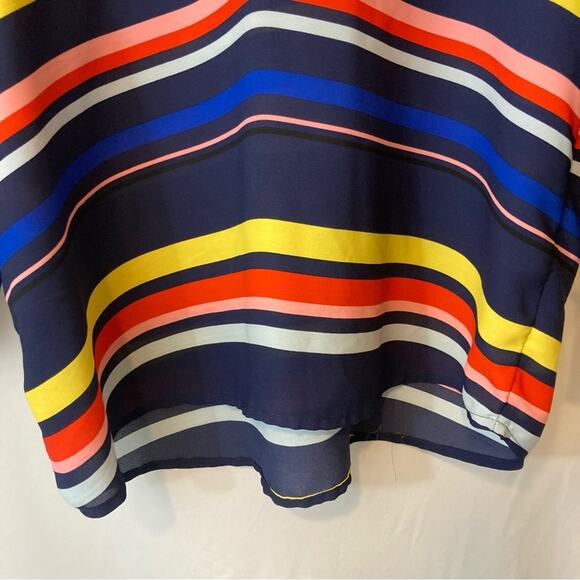 Halogen Rainbow Striped Lightweight Dark Blue 3/4 Tie Sleeves V-Neck Blouse Top - Picture 4 of 7